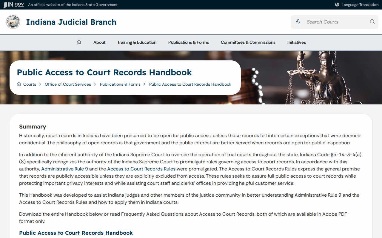 Indiana Judicial Branch public access to court records handbook page