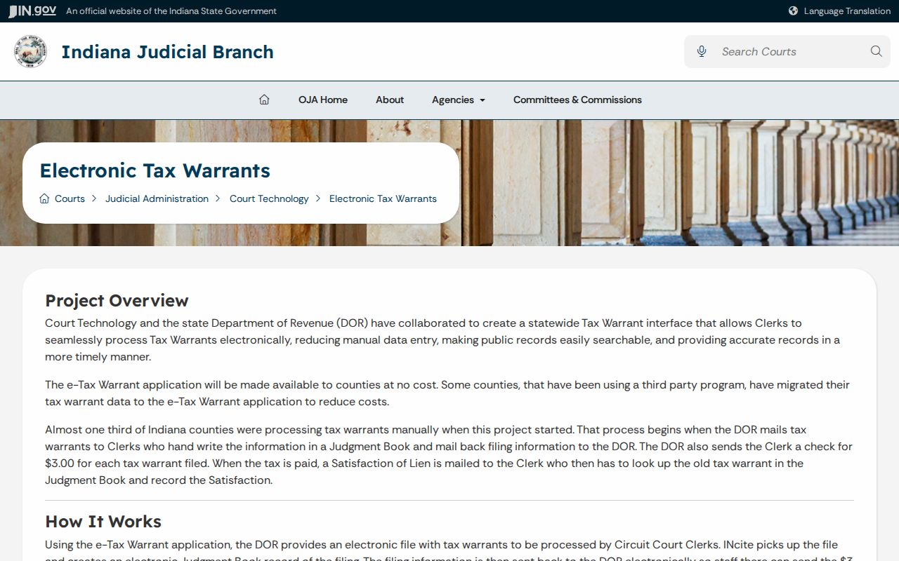 Indiana electronic tax warrant system overview labeled as noncriminal