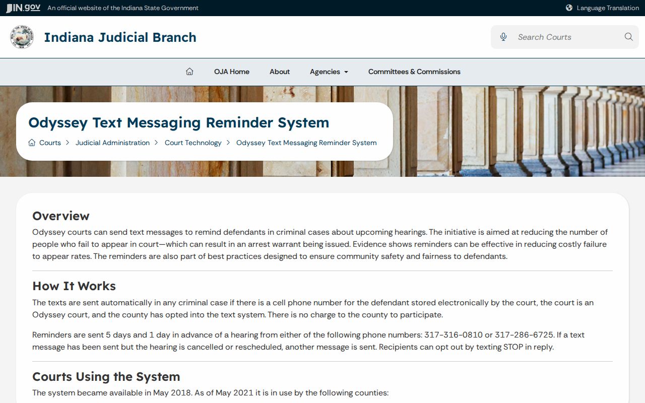 Indiana court text reminder page describing five-day and one-day alerts