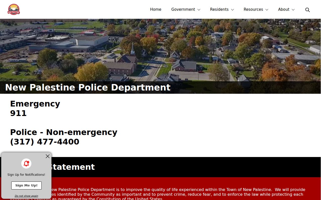 Official New Palestine Police page with department mission and contact information
