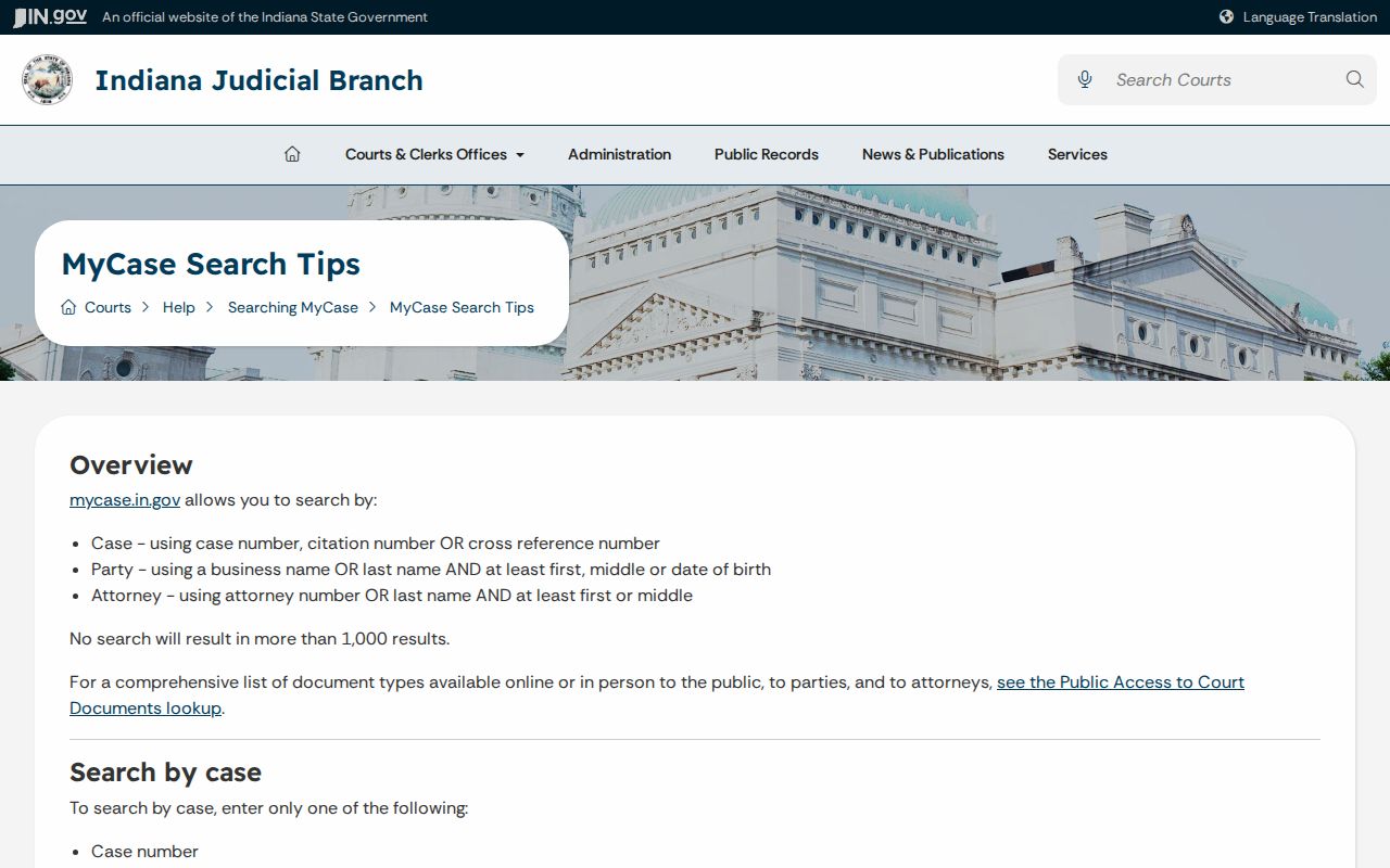 Official Indiana MyCase search field and wildcard guidance